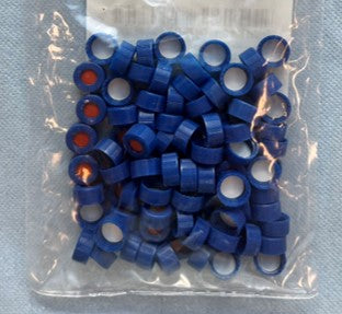 White PTFE/Red Silicone Septa, 9mm Blue Short Screw PP Cap,  6mm Centre Hole